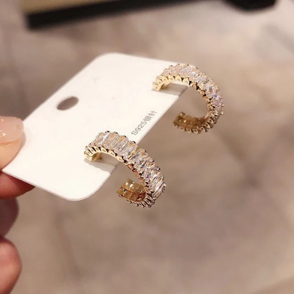 NEW Yellow Gold Baguette Small Diamond Hoops - Picture 7 of 8